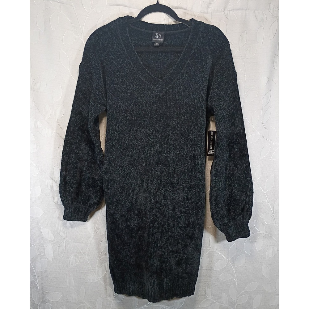 Derek Heart Womens Chenille V-Neck Balloon Sleeve Sweater Dress Charcoal Gray M